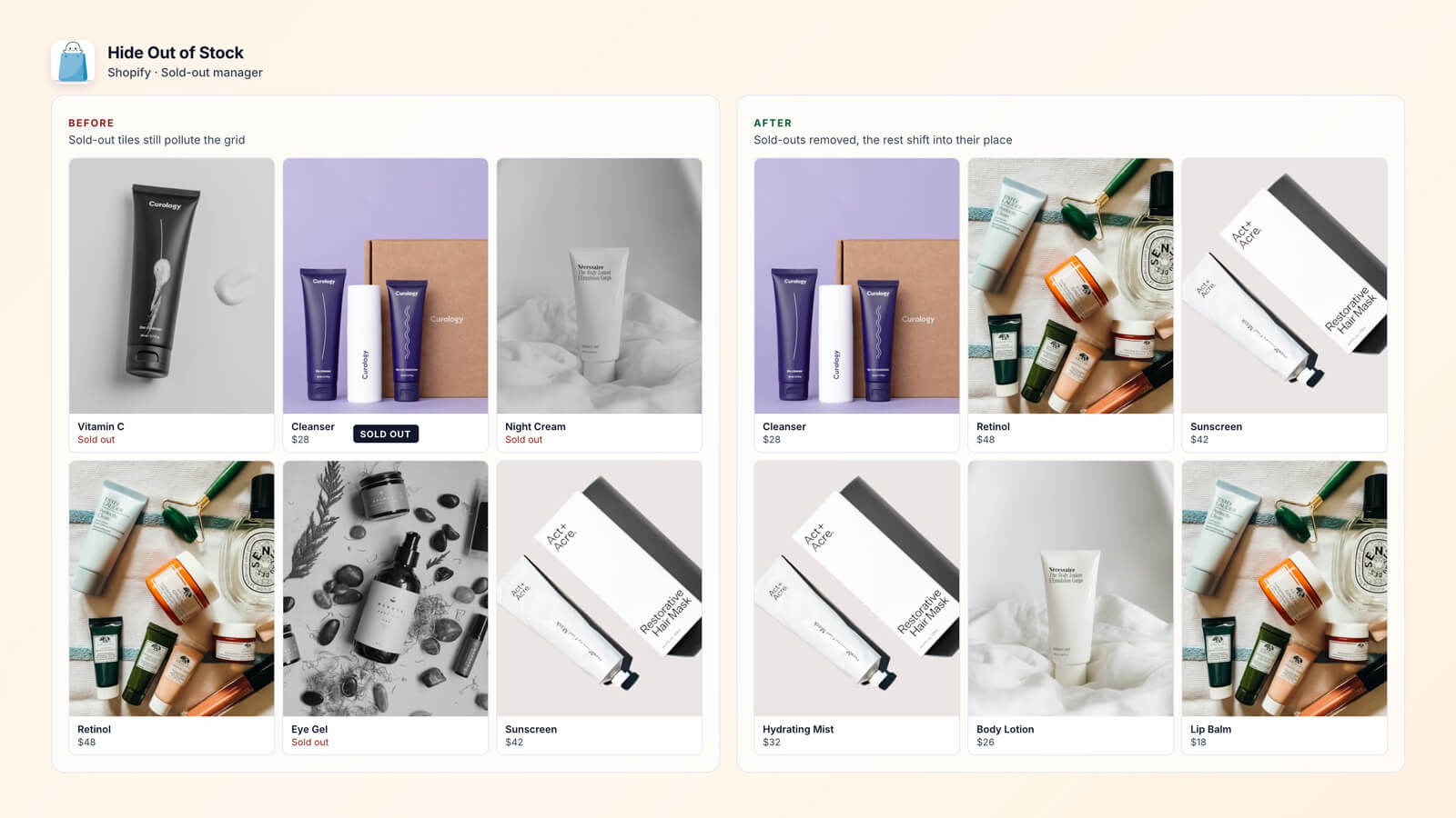 Before and after storefront grid with sold-out products removed