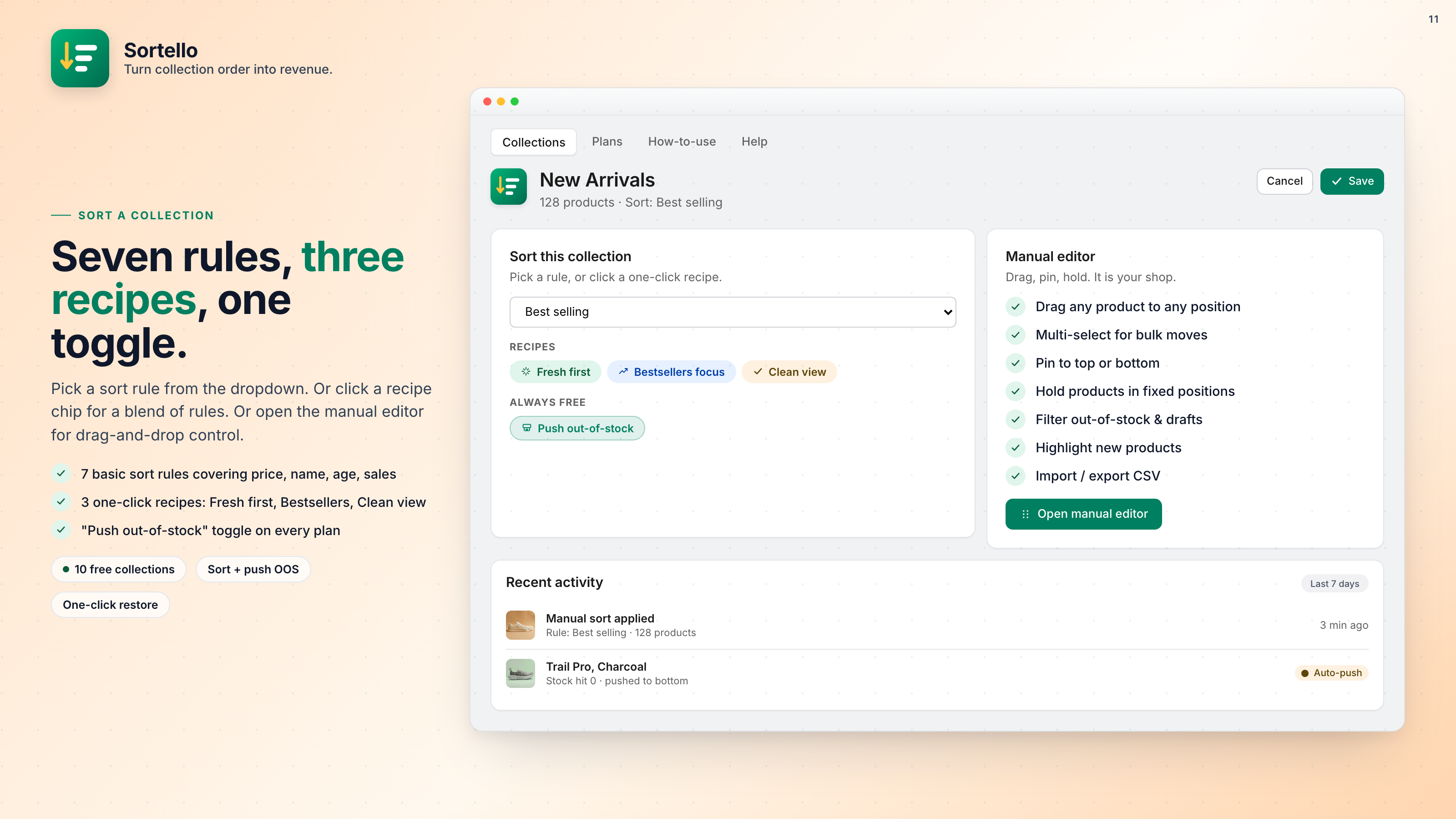 Sortello sort rules, one-click recipes and manual editor