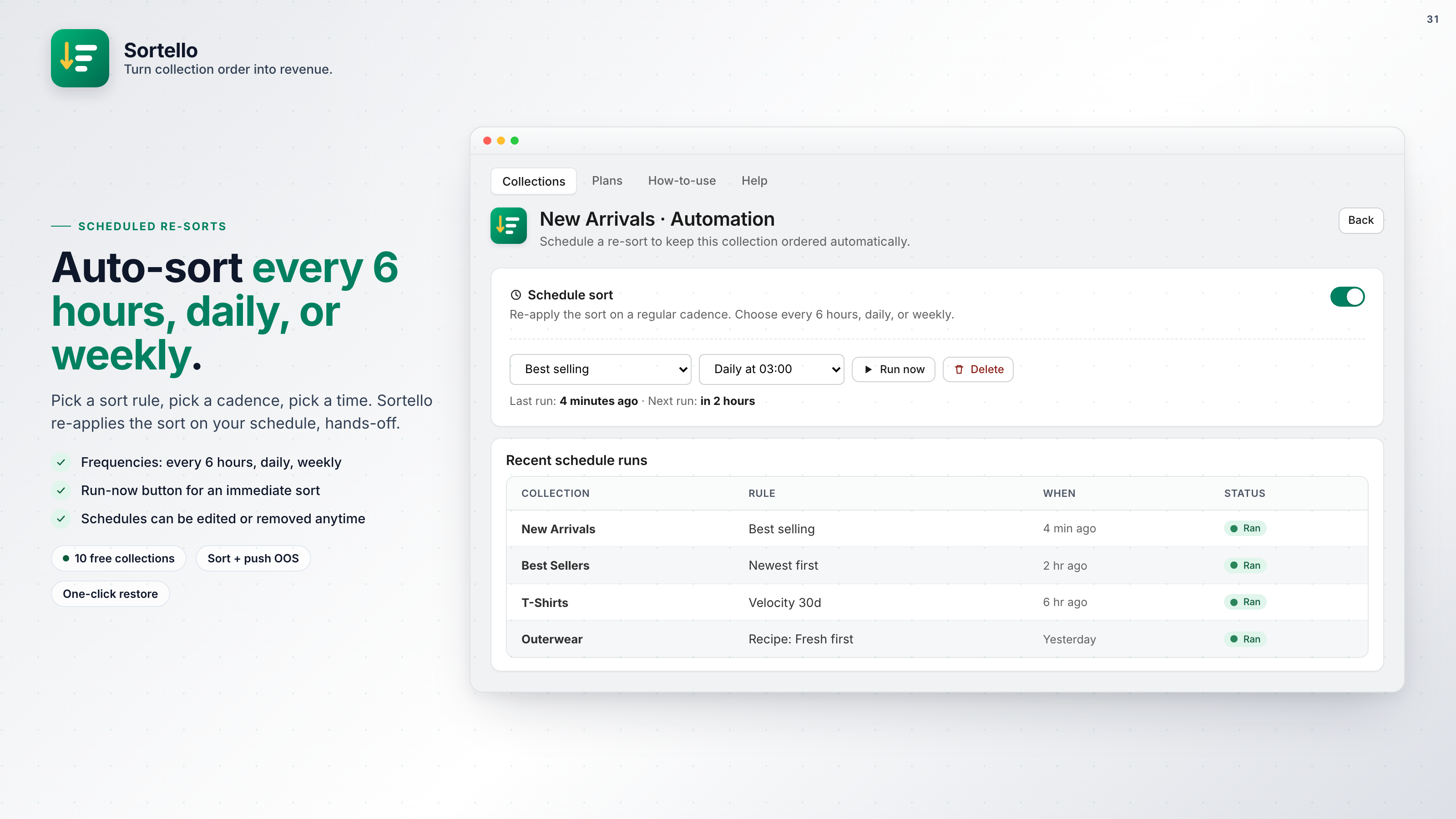 Scheduling automatic collection re-sorts every 6 hours, daily, or weekly in Sortello